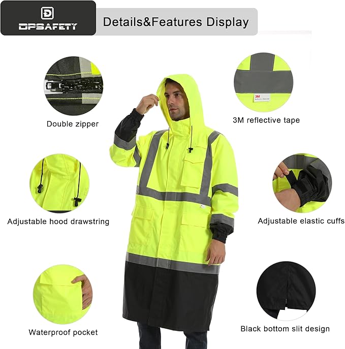 Reflective Rain jackets for men waterproof,Hi Vis Rain Coat With 3M Reflective Strips，High Visibility Class 3 Rain Gear With 2 large pockets，Zipper,Black Bottom Lime,Small