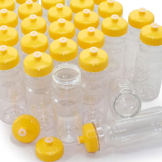 Rolling Sands USA Made 24 Ounce Sports Water Bottles - 100 Pack BPA-Free Blank Plastic Bottles for Group Use, Fitness Classes & Events - Translucent Clear Bottle/Yellow Lid