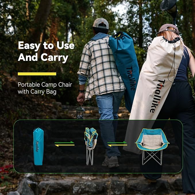 Oversized Camping Chair, Portable Folding Padded Camping Chairs with Cup Holder and Carry Bag, Heavy Duty Outdoor Camping Chairs for Adults, Up to 400Lb, for Fishing (Blue-2 Pack)