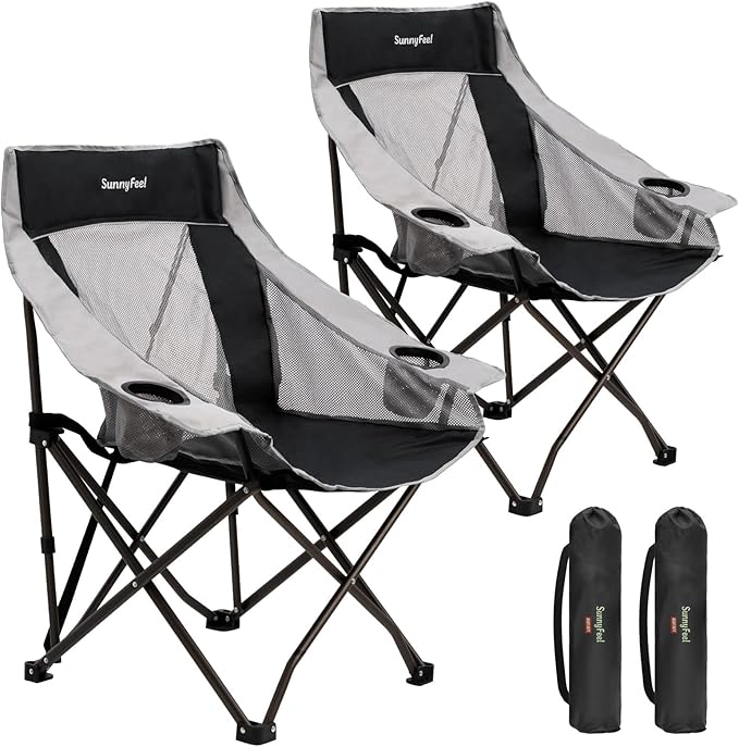 SUNNYFEEL 2 Pack Lightweight Oversized Camping Chairs for Adults Portable Folding Chair with Side Pockets & Cup Holde for Beach,Fishing,Trip,Picnic,Lawn,Concert Outdoor, Carry Bag Included