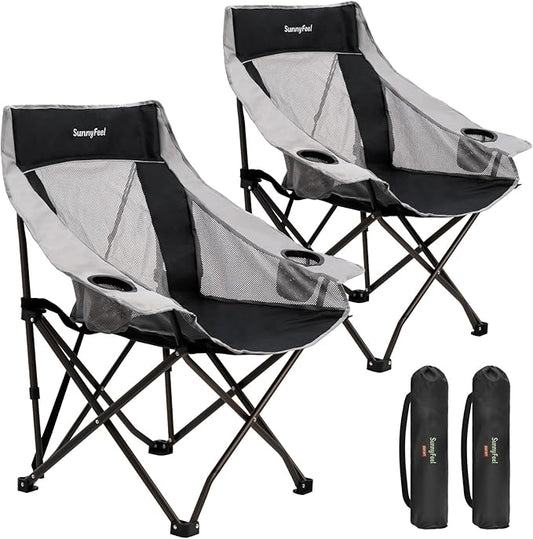 SUNNYFEEL 2 Pack Lightweight Oversized Camping Chairs for Adults Portable Folding Chair with Side Pockets & Cup Holde for Beach,Fishing,Trip,Picnic,Lawn,Concert Outdoor, Carry Bag Included
