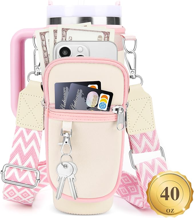 Water Bottle Carrier Bag with Strap for Stanley 40/30 oz Tumbler with Handle, Water Bottle Holder Pouch with Phone Pocket for Stanley Cup Accessories, fit Walking Hiking Travel