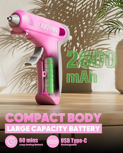 4V Pink Cordless Hot Glue Gun Kit with 30 Multi-Color Glue Gun Sticks, Fast Preheating, USB-C Rechargeable with 2600mAh Built-in Battery, Less-Drip Hot Melt Glue Gun for DIY, Crafting, Art