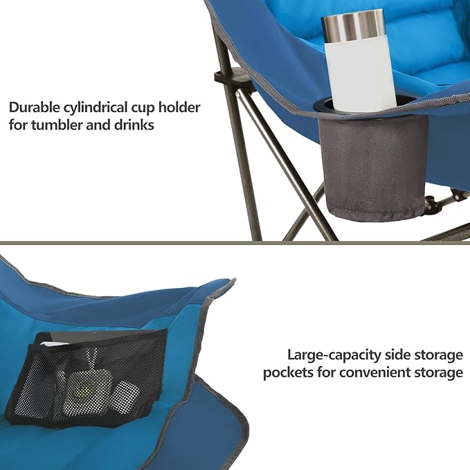 Oversized XL Padded Camping Chair Wide Heavy Duty Lawn Chairs Support 450 LBS Portable Folding Gaint Plus Camp Chair with Side Pocket Cup Holder for Outdoor Outside Sports Baseball-Blue