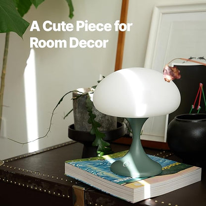 Mushroom Lamp, 5W LED Cordless Rechargeable Table Lamp with Glass Shade, Small Retro Dimmable Touch Light with 3 Color Temps, Aesthetic Mid Century Bedside Light for Bedroom Ambient, Green