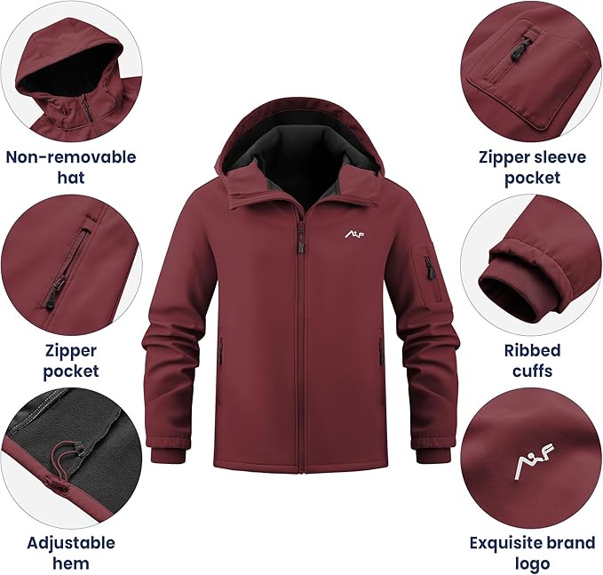 WULFUL Men's Lightweight Softshell Jacket Warm Fleece Lined Windbreaker Waterproof Soft Shell for Outdoor Hiking