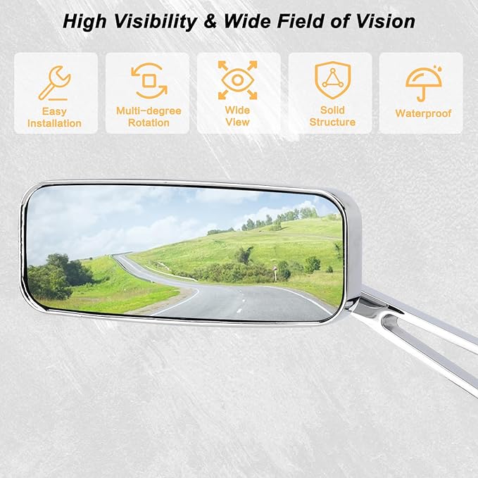 Motorcycle Rectangle Rearview Mirror 8mm 10mm Blue Lens Side Mirrors 360 Degree Chrome Universal Replacement for Harley Softail Touring Sportster Cruiser Street Bike Scooter Chopper