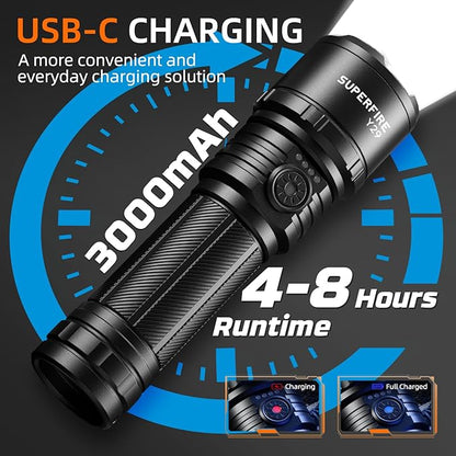 SuperFire Rechargeable Flashlights Bright Lumens-2Pack, 5 Modes & Memory Function with 3000mAh Removable Battery, USB-C Zoomable & Waterproof, Perfect for Home Use