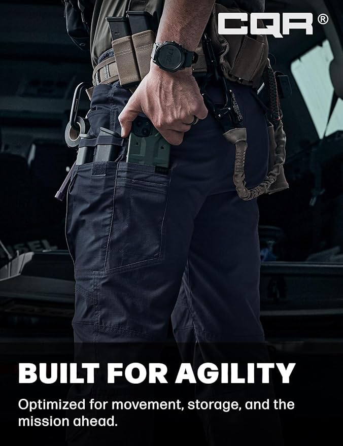 CQR Men's Flex Stretch Tactical Pants, Water Resistant Ripstop Cargo Pants, Lightweight EDC Outdoor Work Hiking Pants