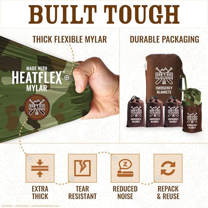 Don't Die In The Woods - Extra Thick Emergency Blankets [4-Pack] World’s Toughest Thermal Mylar Space Blanket | Outdoor Survival Gear for Hiking Camping First Aid Kit (Camo)