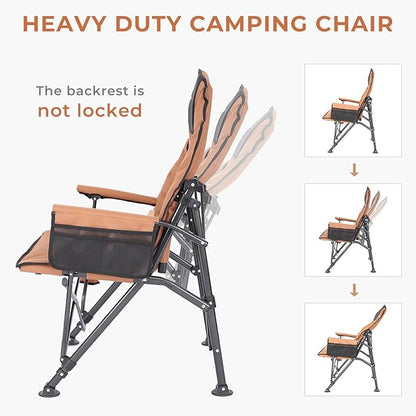 Camping Chairs for Adults, Adjustable Backrest Heavy Duty Oversized Folding Camping Chair Supports 350lbs for Outside with Cup Holder&Side Pocket, Outdoor Folding Camp Chair with High Back (Brown)