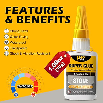 Stone Super Glue Liquid, Clear Instant Cyanoacrylate Adhesive for Stone, All Purpose CA Glue for Shoe Ceramic Repair Plastic Leather Glass Wood Metal Pottery Aquarium Porcelain Fletching Waterproof