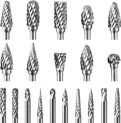 Tungsten Carbide Burr Set, 1/8" Shank 20PC Double Cut Die Grinder Rotary Tool Cutting Burrs Set for Metal and Wood Working Carving, Engraving, Polishing, Grinding with Clear Storage Case