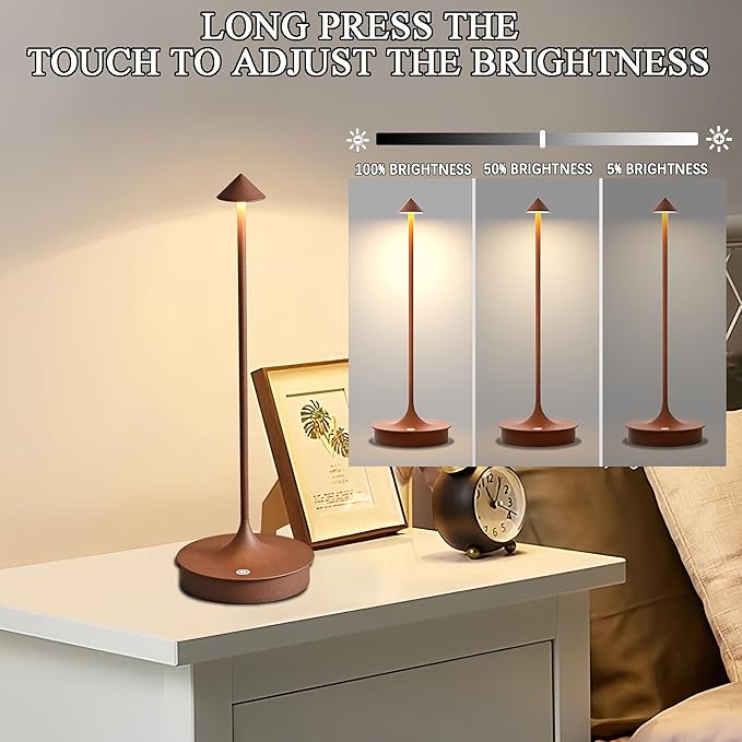 Cordless Table Lamps Rechargeable, LED Desk Lamp 4000mAh Battery Operated Outdoor Waterproof Portable Touch Dimmable Table Light for Patio/Restaurant/Bar/Indoor (Brown-1PC)