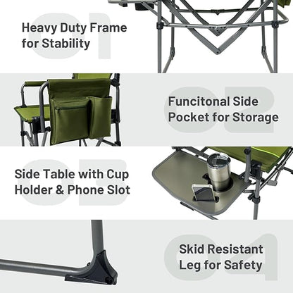 TIMBER RIDGE Aluminum Camping Directors Chair with Side Table Pocket, Portable Folding Chair, Heavy Duty Lawn Chair for Fishing Trip Picnic Concert Outdoor 400lbs, Green 2 Pack