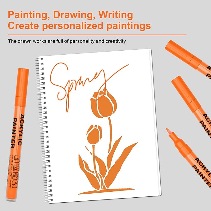 Acrylic Paint Pens Waterproof Markers 6 Orange Permanent Marker Pens Acrylic Pens for Rock Painting Glass Stone Ceramic Metal Fabric Pebble Painting pens Craft Supplies