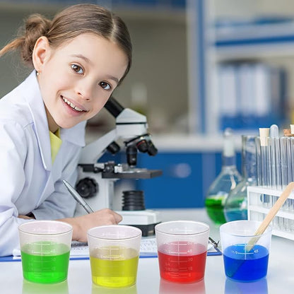 100 Pack 60ml/2oz Transparent Measuring Cups Reusable Clear Plastic Graduated Epoxy Mixing Cups with 100 Pack Wooden Stirring Sticks for Liquids Resin, Epoxy, Stain, Mixing Paint, School Labs