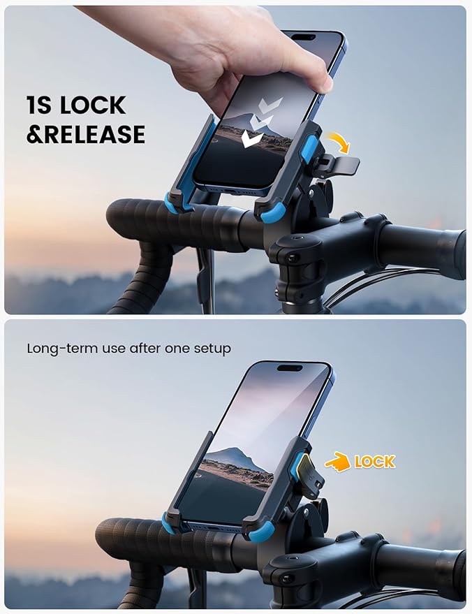 Lamicall Motorcycle Phone Mount Holder - [Camera Friendly] [1s Lock] Bike Phone Holder Handlebar Clamp, Bicycle Scooter Phone Clip, for iPhone Air, 17, 16, 15 Pro Max, Galaxy S25, 4.7-7" Phones, Blue