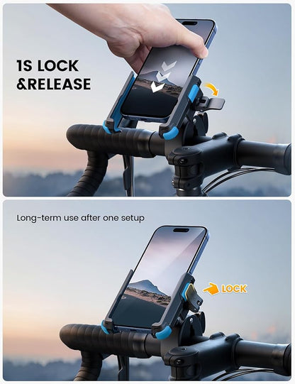 Lamicall Motorcycle Phone Mount Holder - [Camera Friendly] [1s Lock] Bike Phone Holder Handlebar Clamp, Bicycle Scooter Phone Clip, for iPhone Air, 17, 16, 15 Pro Max, Galaxy S25, 4.7-7" Phones, Blue