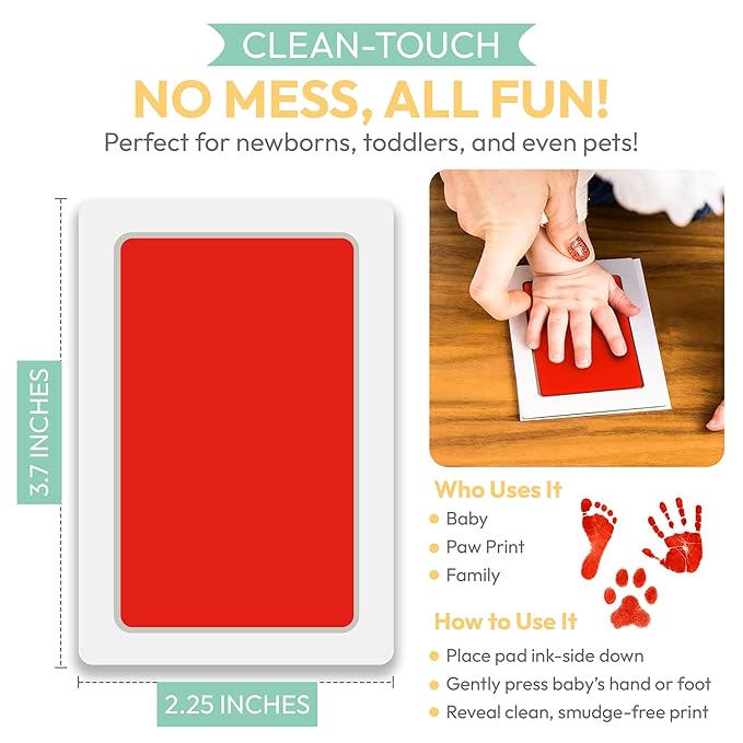 Clean Touch Ink Pad for Baby Handprints and Footprints – Inkless Infant Hand & Foot Stamp – Safe for Babies, Doesn’t Touch Skin – Perfect Family Memory or Gift – Red Print Kit by Tiny Gifts