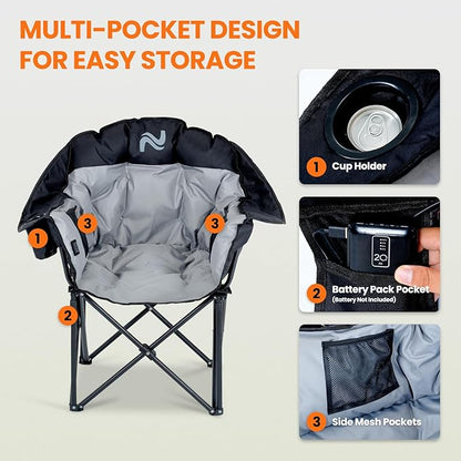 NAIZEA Heated Camping Chairs, Outdoor Heated Camp Chair w/3 Heating Mode, Oversized Heated Chair for Adults, Heavy Duty Folding Camping Chairs for Camping,Fishing,Sports Events,NOT Included Battery