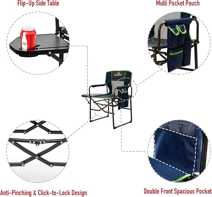 SUNNYFEEL Camping Directors Chair, Heavy Duty,Oversized Portable Folding Chair with Side Table, Pocket for Beach, Fishing,Trip,Picnic,Lawn,Concert Outdoor Foldable Camp Chairs