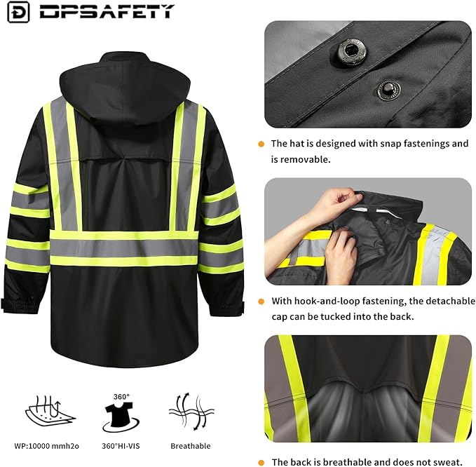 Reflective Rain jackets for men waterproof,Hi Vis Safety Coat With Reflective Strips，High Visibility Class 3 Rain jackets With 2 large pockets，Zipper,Black，2XL/3XL