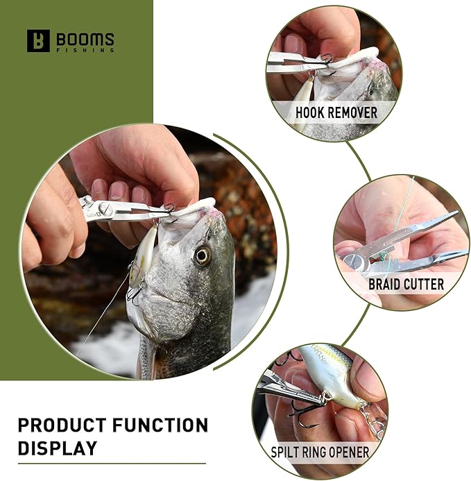 Booms Fishing H01 Small Fishing Pliers Scissors Braid Cutters Lightweight Stainless Steel Fishing Tools Split Ring Pliers Hook Remover, Green