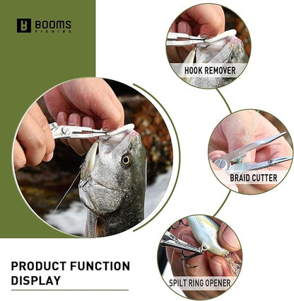 Booms Fishing H01 Small Fishing Pliers Scissors Braid Cutters Lightweight Stainless Steel Fishing Tools Split Ring Pliers Hook Remover, Green