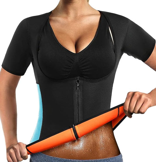 Women Sauna Sweat Vest with Sleeves Neoprene Fitness Shirt Workout Body Shaper Sport Tank Top