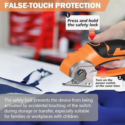 Cordless Electric Scissors, 4V Box Cutter & Cardboard Cutter with 2 Titanium Blades - Rotary Cutter with LED Light for Fabric, Leather, Carpet, Plastic, Crafting + Storage Case (Orange)