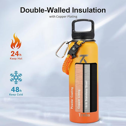 Trebo 40oz Water Bottle with 3 Lid and handle, Vacuum Insulated Stainless Steel Metal Outdoor Leakproof BPA-Free Flask, Keep Cold 48 Hours Water Jug, Best Gift for Men Women Holiday, Orange