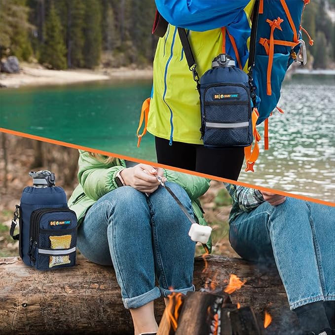 SUN CUBE Water Bottle Carrier with Strap, Insulated Water Bottle Carrier Bag with Phone Pocket Pouch, Sleeve Sling Purse Crossbody Bottle Holder for Walking, Sports, Hiking Accessories 40/64 oz
