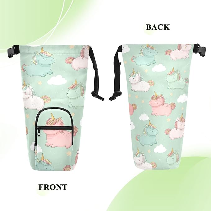 Cartoon Unicorn Pink Sage Green Water Bottle Holder with Strap Insulated Water Bottle Carrier Crossbody Bags Pouch with Phone Pocket for Travel Gym Hiking Walking Running