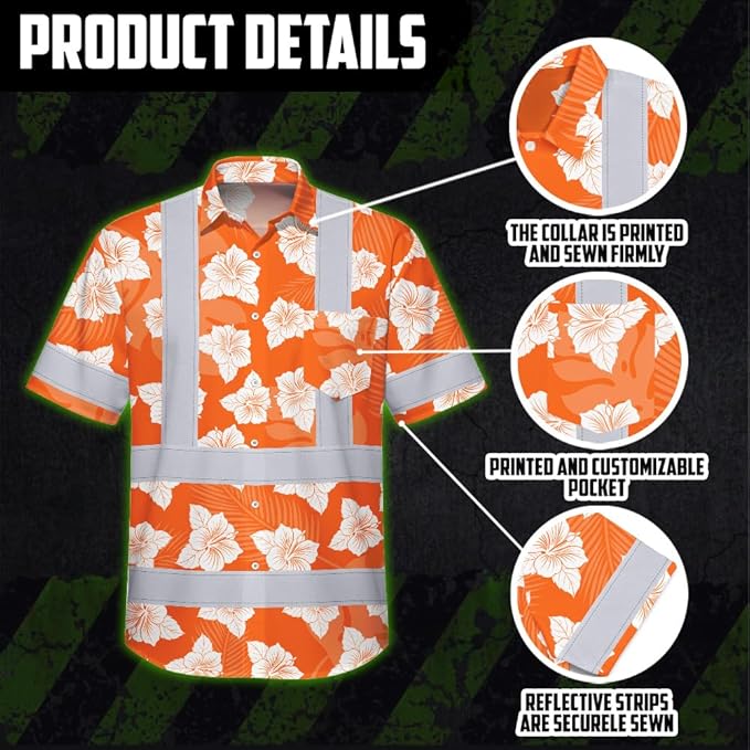 High Visibility Hawaiian Shirt for Men Tropical Shirts Custom Name Floral Outfit Reflective Safety Workwear