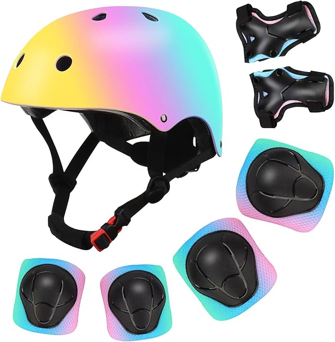 Color Gradient Adjustable Kids Bike Helmet with Knee & Elbow Pads Set | Multi-Sport Safety Gear for Boys & Girls Ages 5-14 | Skateboarding, Scooters, Roller & Inline Skating, Longboarding