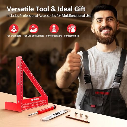 200mm 3D Multi-Angle Measuring Square Ruler, WT103D High Precision Hole Scribing Woodworking Tools, 0-90° Aluminum Alloy Carpenter Square Wood Working Tools, Carpenter Pencils 6 Refills.