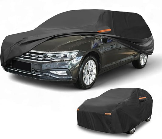 Waterproof All-Weather Universal Car Cover with Right Side Zipper, 210T-PU Black Fits for Wagon 190" to 198" Length
