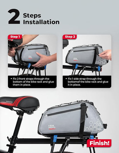 KEMIMOTO 11L Bike Bag for Bicycle Rear Rack, Fully Reflective 3-in-1 Carrying Style Bike Trunk Bag, Water-Resistant E-bike Saddle Pannier Bag with Shoulder Strap for Bike Backpack