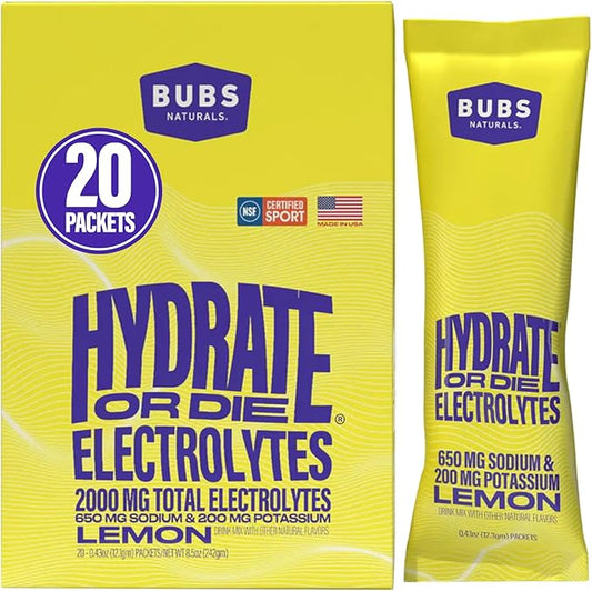 BUBS Naturals - Hydrate or Die Electrolytes Powder Packets for Fast Absorption | Premium 2000mg Electrolyte Powder | for Sports, Recovery & Well-Being (Natural Lemon Flavor, 20 Sticks)