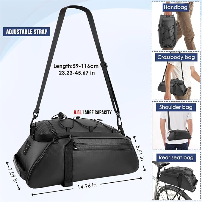 WOTOW Bike Rack Bag Waterproof - 9.5L Large Capacity Bike Trunk Bag, Reflective Bicycle Saddle Panniers, Cycling Bags Back Seat Storage Cargo Carrier Pouch with Shoulder Strap & Hook