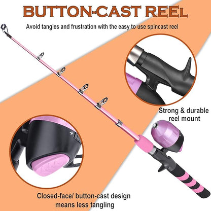 PLUSINNO Kids Fishing Pole, Portable Telescopic Fishing Rod and Reel Combo Kit - with Spincast Fishing Reel Tackle Box for Boys, Girls, Youth