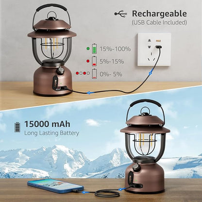 Lepro Retro Classic LED Camping Lantern, High Lumens, Daylight White 2500K and 5000K, Dimmable, USB Rechargeable, Waterproof for Camping, Vintage Decoration and Emergency (USB Charging Cable Included)