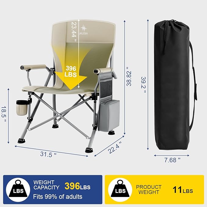 XL Heavy Duty Camping Chair 396lb Capacity (525lb MAX) - Waterproof 1680D Oxford - Oversized 2" Thick Padded Seat with Cup Holder & Cooler - Portable for Camping, Beach, Tailgating Taupe/Olive