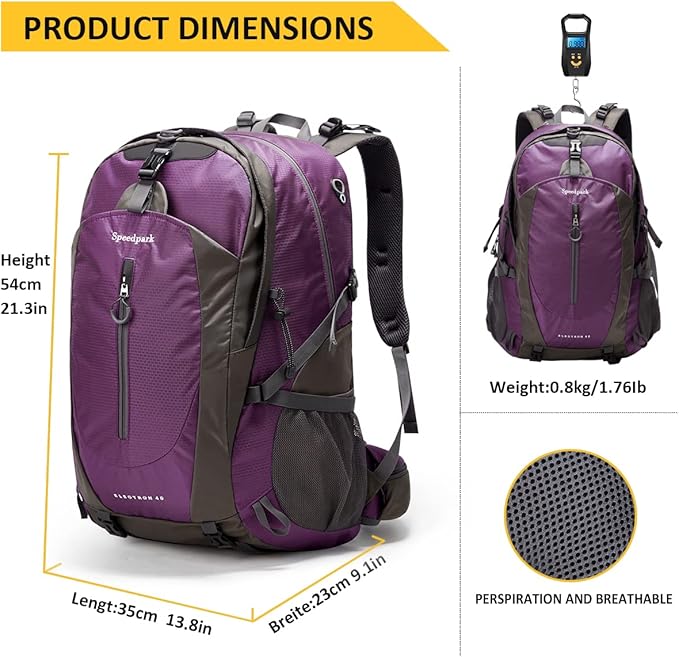 SPEEDPARK Hiking Backpack 40L Waterproof Hiking Daypack with Rain Cover, Outdoor Trekking Travel Backpacks for Men Women