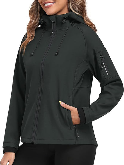 MoFiz Women's Fleece Lined Softshell Jacket Hooded Windproof Lightweight Insulated Jacket Full Zip Warm Coat