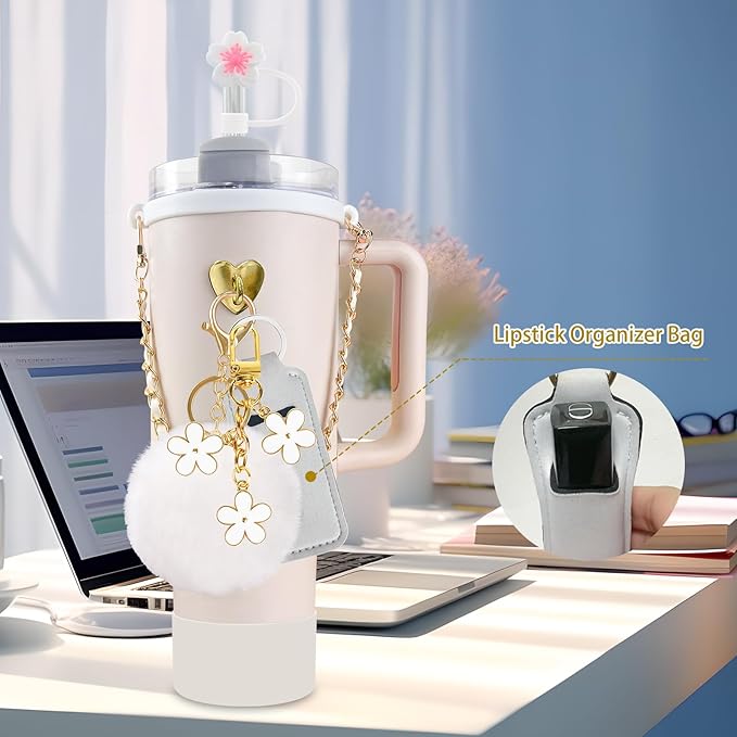 Velaco 11 PCS Accessories for Stanley Cup, Water Bottle Handle Strap for Stanley 30/40 oz tumbler with handle, including Straw Toppers, Silicone Cup Boot, Keychain Charms - White