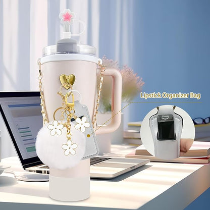 Velaco 11 PCS Accessories for Stanley Cup, Water Bottle Handle Strap for Stanley 30/40 oz tumbler with handle, including Straw Toppers, Silicone Cup Boot, Keychain Charms - White