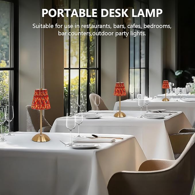 Cordless LED Table Lamp with Dimmer, Built-in Rechargeable Battery, 3-Level Brightness, Patio Table Lamp, Bedside Night Lamp, Ambient Light for Restaurant, Antique Brass (Yellow Flower)