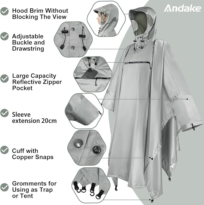 Andake Waterproof Rain Poncho for Adults Unisex,230T Ripstop Polyester,Raincoat Gear with Transparent Viewing Window Outdoors